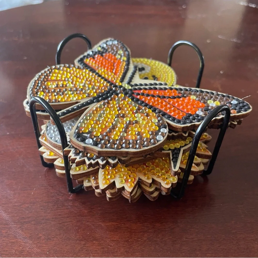 Colorful Butterfly Bee Flower Bedazzled Coaster Set - Picture 1 of 3